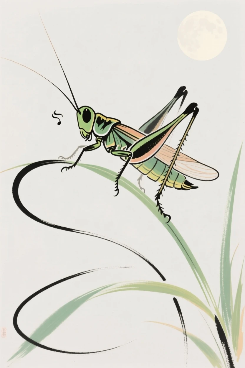 A cricket perched on a blade of grass chirping under moonlight.