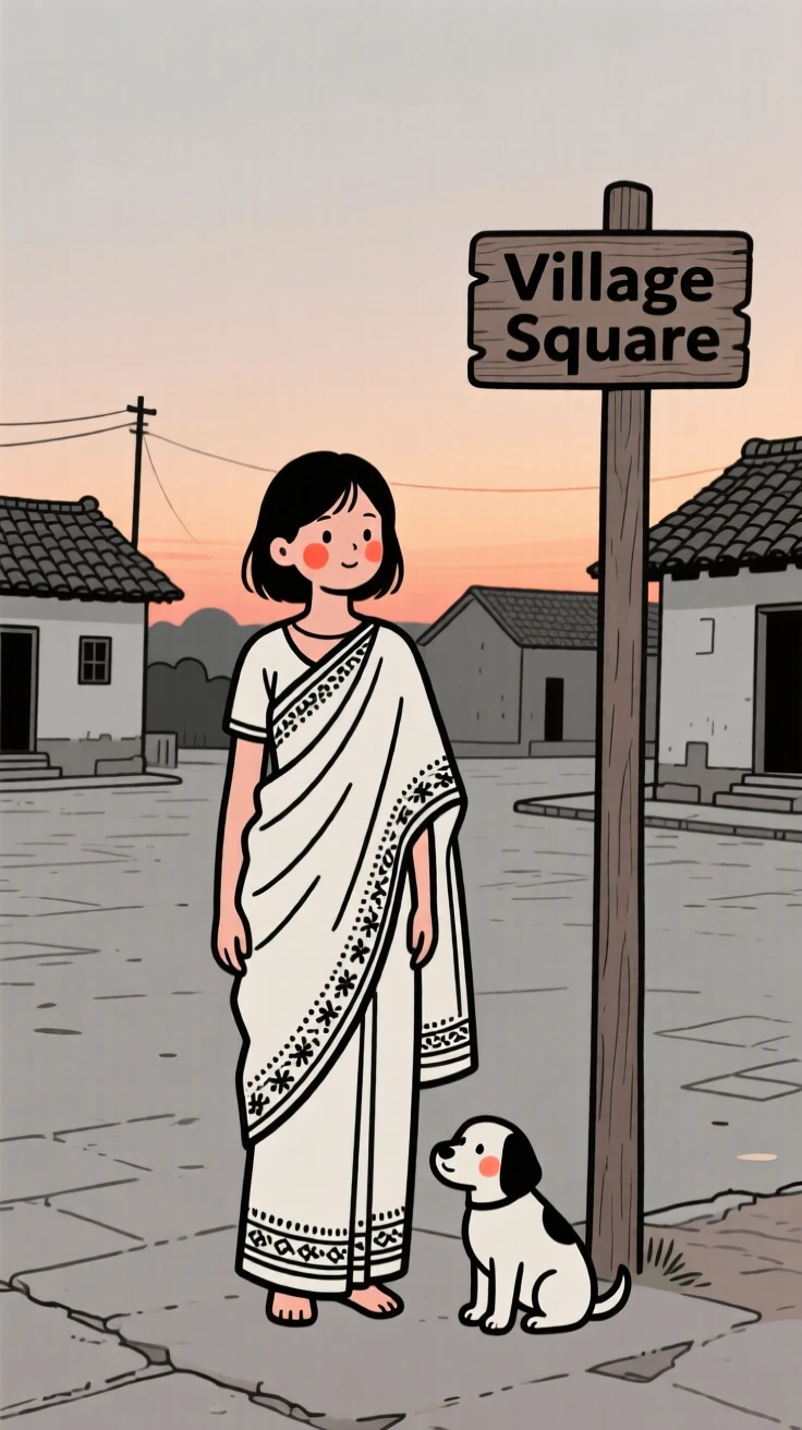 A teenage girl wearing an embroidered sari, on a village square at dusk.