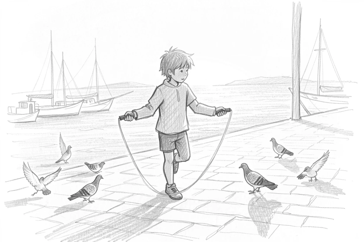 A child skipping rope on a sunny sidewalk, beside a harbor at dawn, with pigeons scattering nearby.