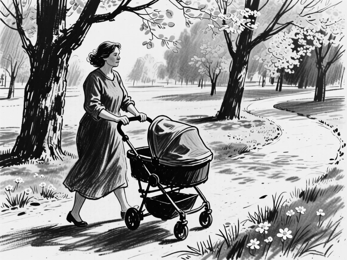 A mother pushing a stroller through a park in spring, on a quiet, peaceful afternoon.