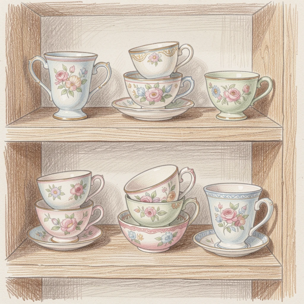 A collection of hand-painted teacups displayed on open shelving, arranged thoughtfully with soft, natural lighting, perfect for a vintage-inspired decorative aesthetic.