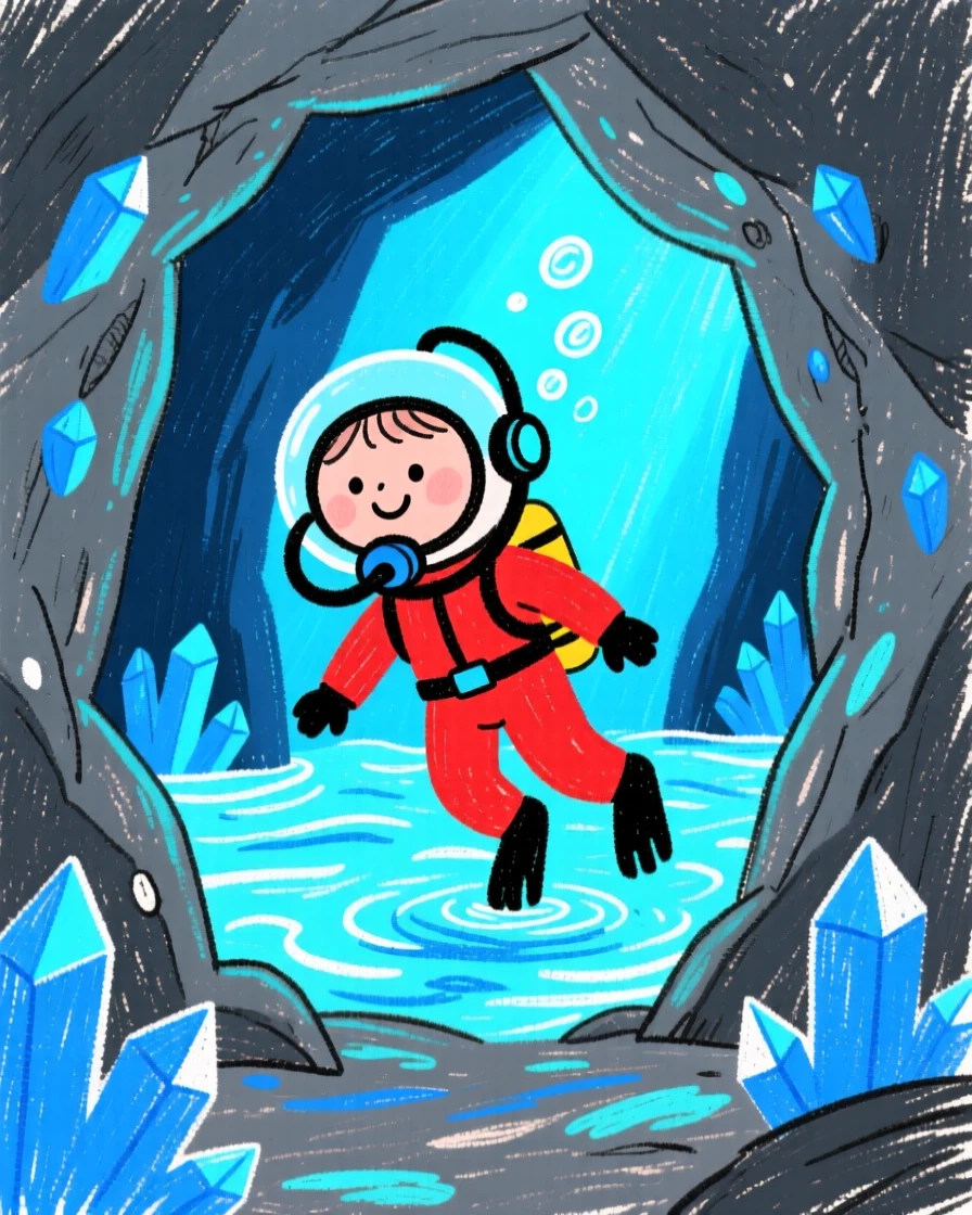 A diver exploring a cave filled with glowing blue light.