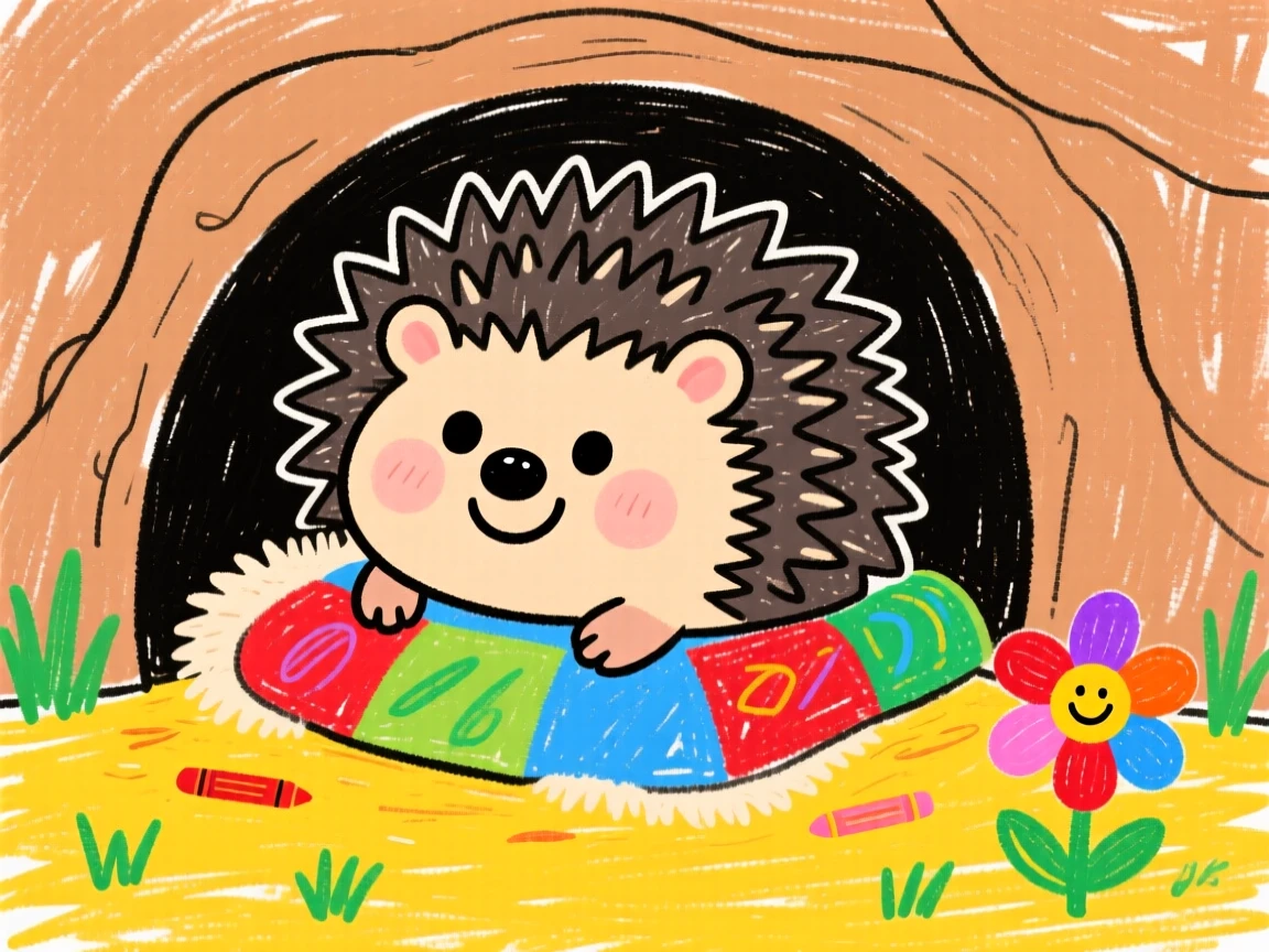 A round hedgehog pup snuggled inside a cozy burrow.