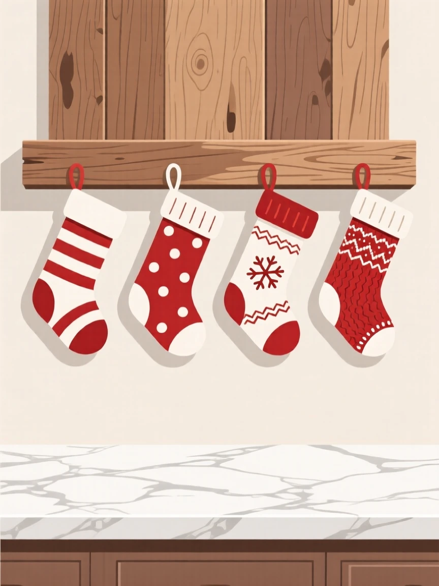 A set of holiday stockings hung along a rustic mantel, placed on a smooth marble countertop, composed with gentle negative space around the object, with a clean, elegant simplicity.