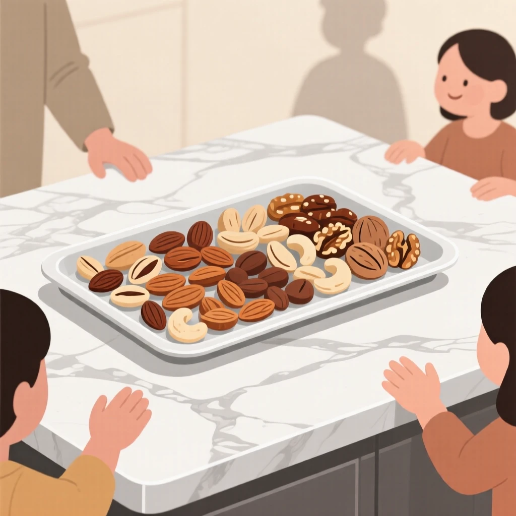 A tray of roasted nuts beautifully displayed on a marble countertop at a family gathering.