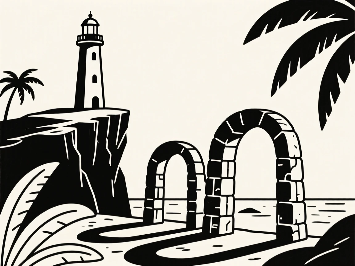 A journey through a tropical archipelago toward a lighthouse on a cliff, passing weathered stone archways, full of adventurous excitement.