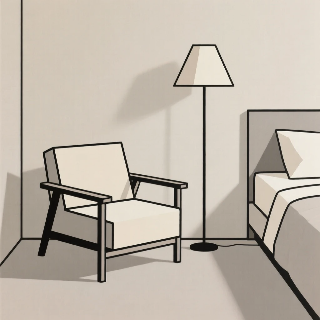 A bedroom reading corner with a floor lamp