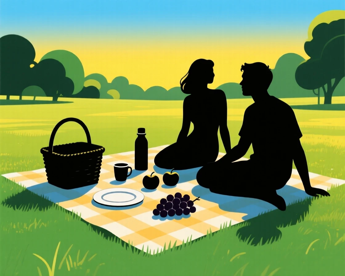 A summer picnic spread across a blanket in a sunlit park.