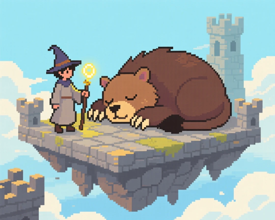 A young mage facing off against a giant slumbering beast, atop a floating sky fortress.