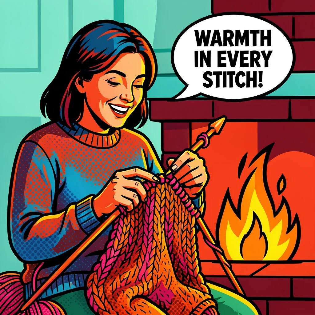 A knitter creating a cozy sweater by the fireplace