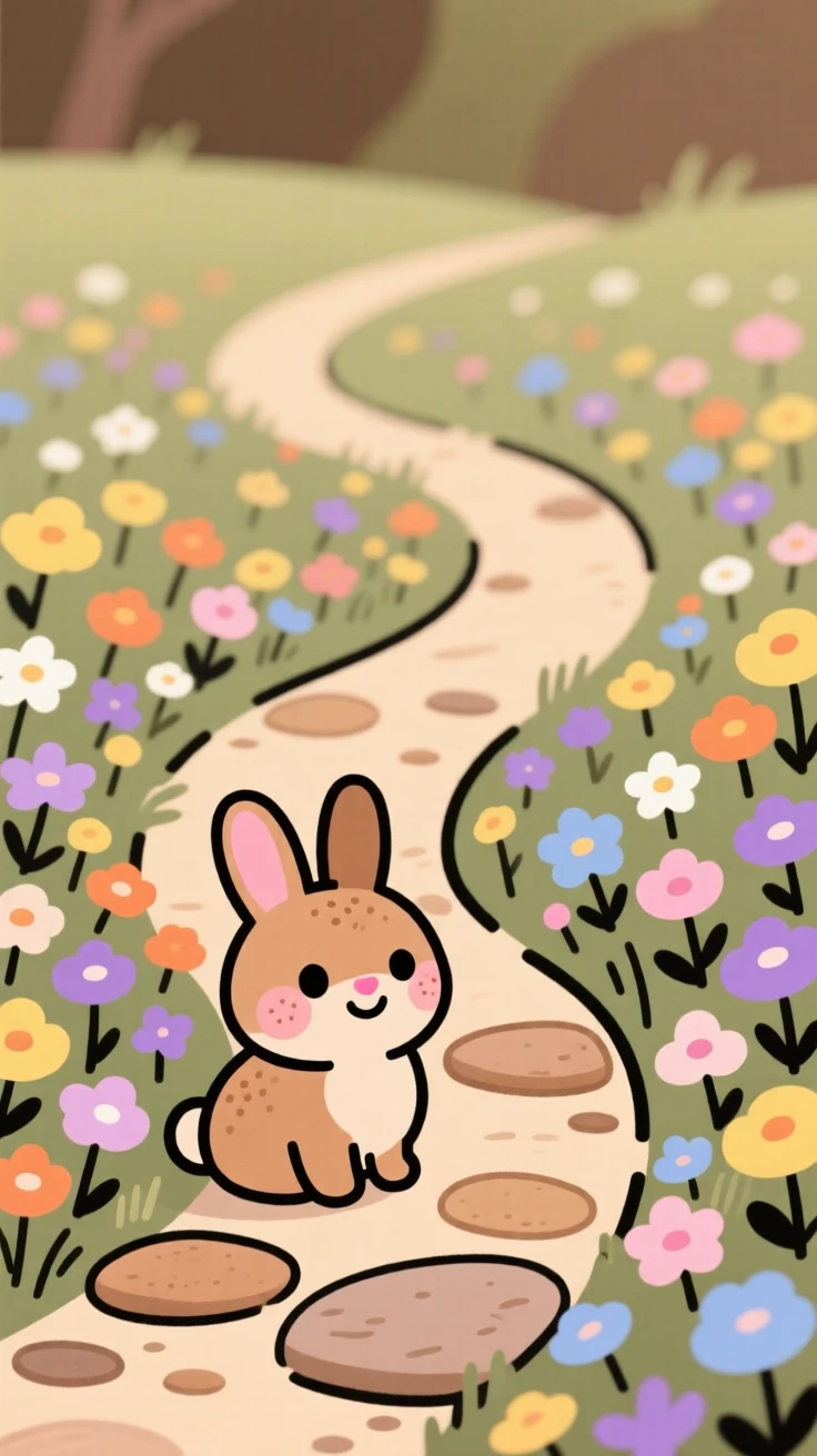 A winding path leads through a cottage garden bursting with wildflowers of every color, where a small rabbit pauses among the blooms.