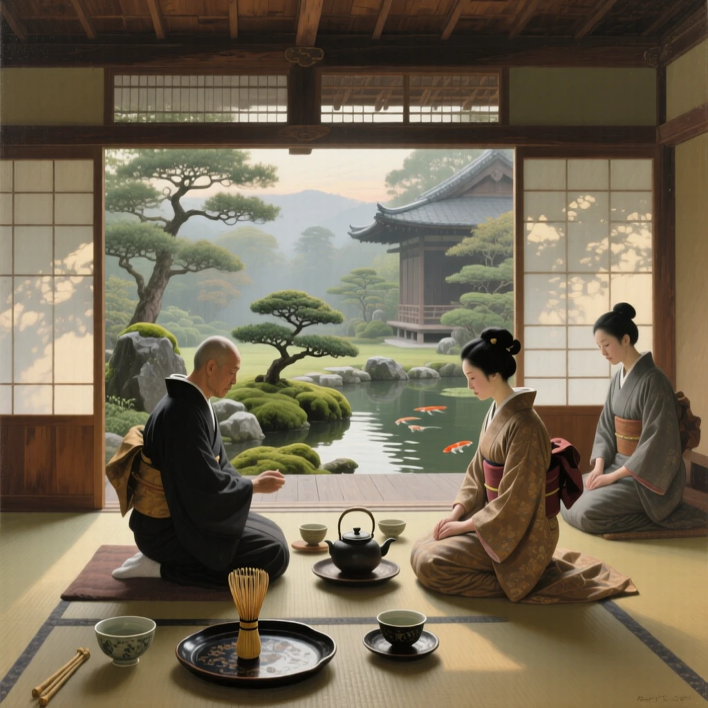 A sweeping wide shot of a traditional tea ceremony performed with quiet grace in a garden pavilion, in the early 19th century, in early morning light.