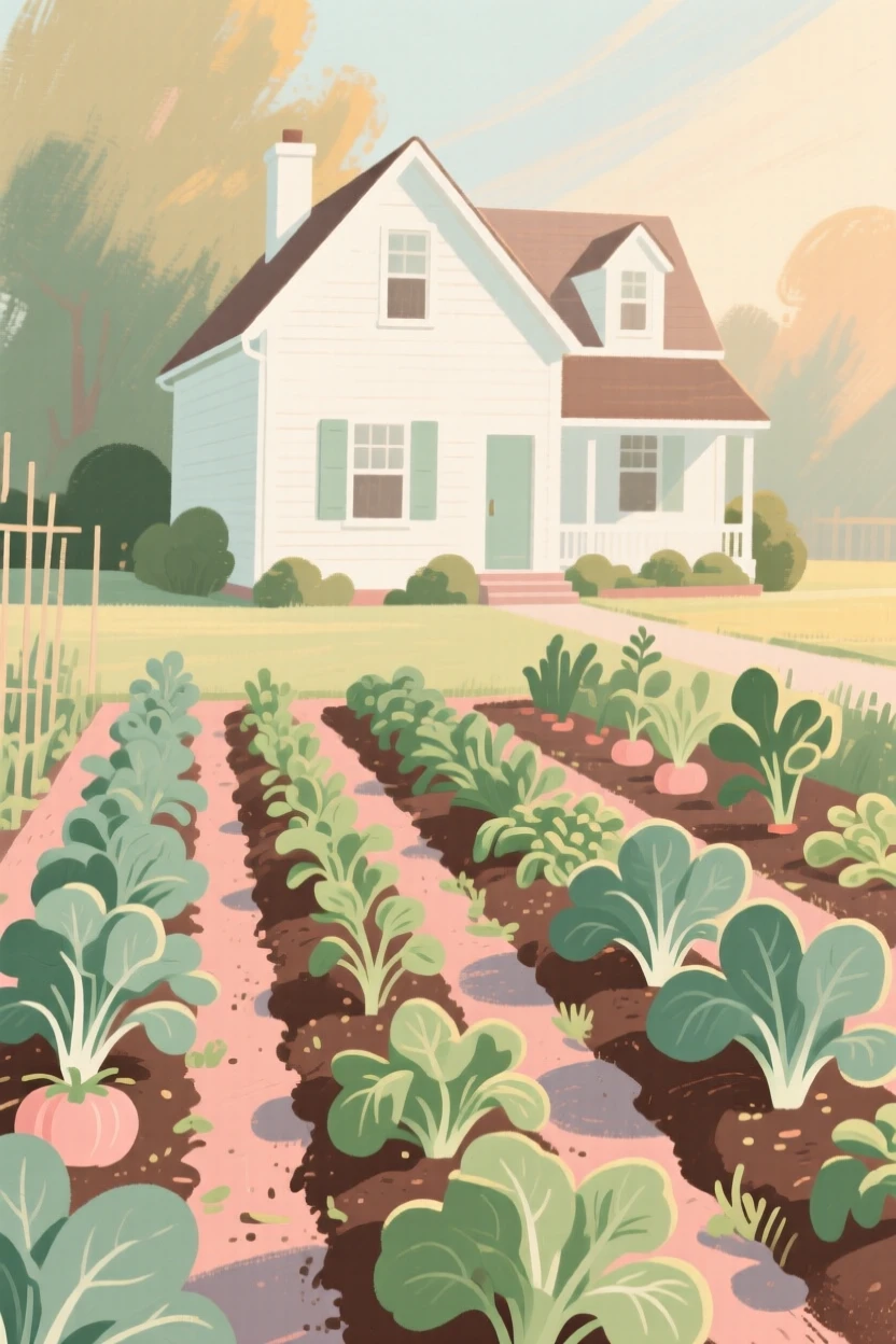 A vegetable garden neatly rowed beside a white farmhouse