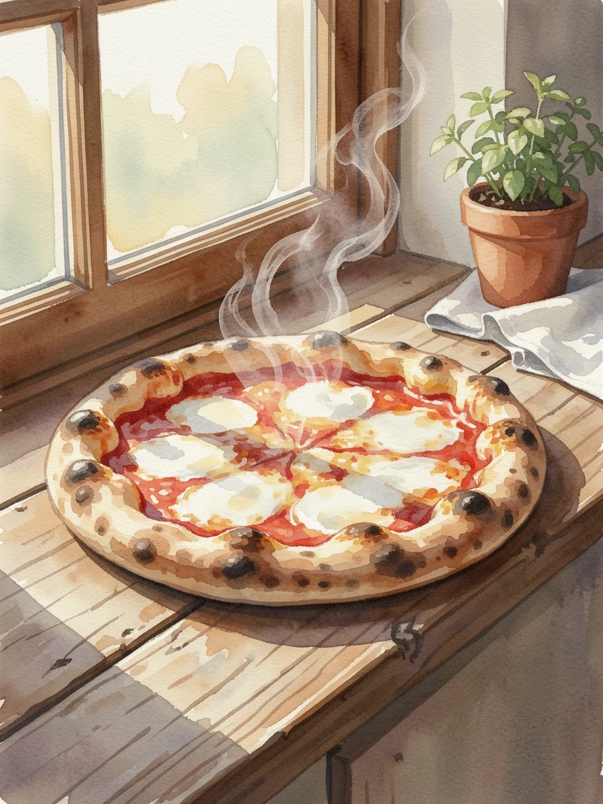 A rustic pizza fresh from the oven on a windowsill with morning light with steam gently rising.