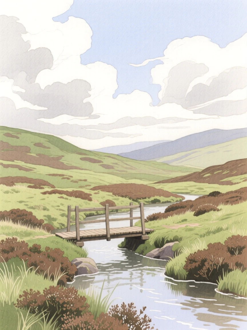 A breathtaking view of a highland moor beneath drifting clouds, with a small wooden bridge crossing a stream