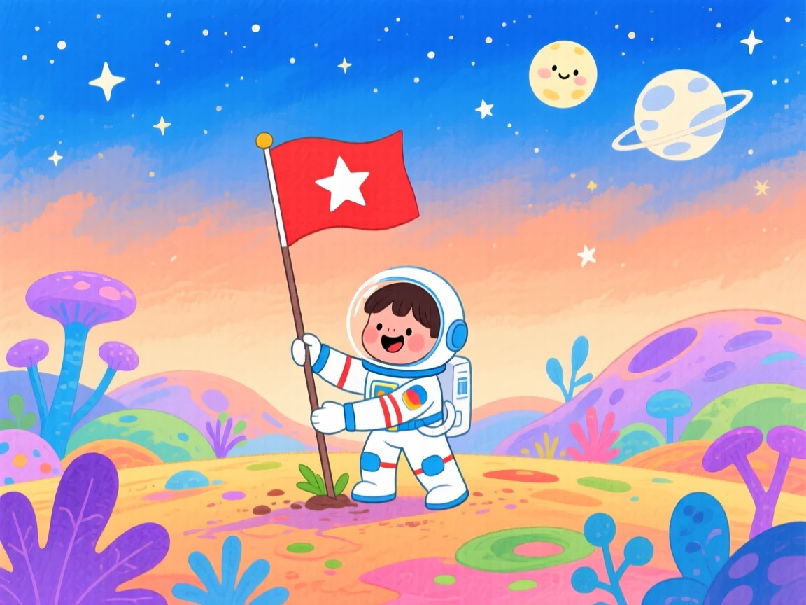 A young astronaut planting a flag on a colorful alien planet, full of wonder and discovery.