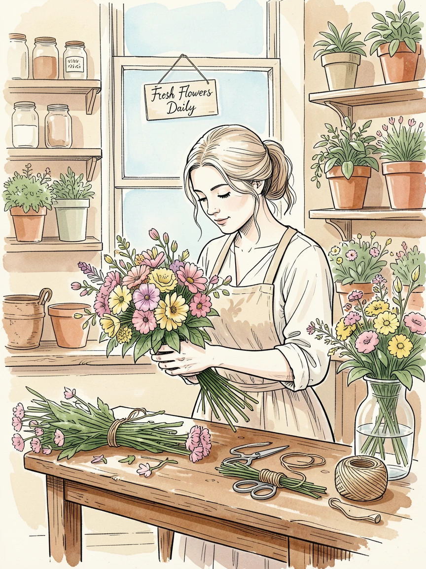 A woman arranging fresh flowers at a small countryside flower shop, a feeling of quiet contentment throughout the moment.