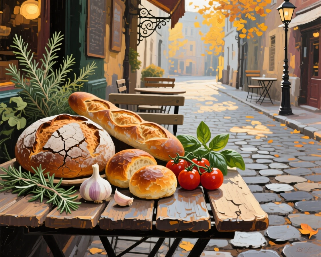 A rustic wooden table laden with fresh-baked bread, at an outdoor cafe table overlooking a cobblestone street, fresh herbs and scattered ingredients nearby, on a crisp autumn day.