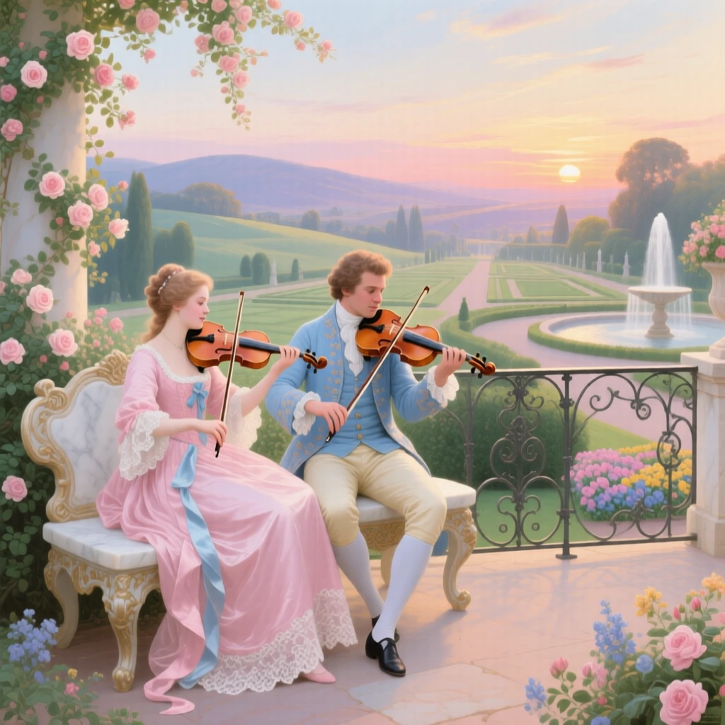 A violin duet performed on a garden terrace at sunset  