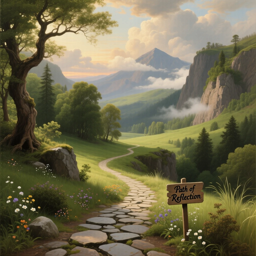 A green valley split by a winding stone road.