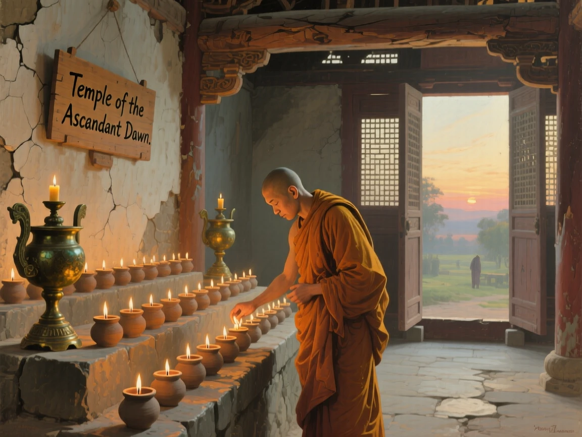 A Buddhist monk lighting rows of candles in an ancient temple at dawn, with authentic textures and materials true to the historical period, celebrating the rich diversity of world cultures and traditions