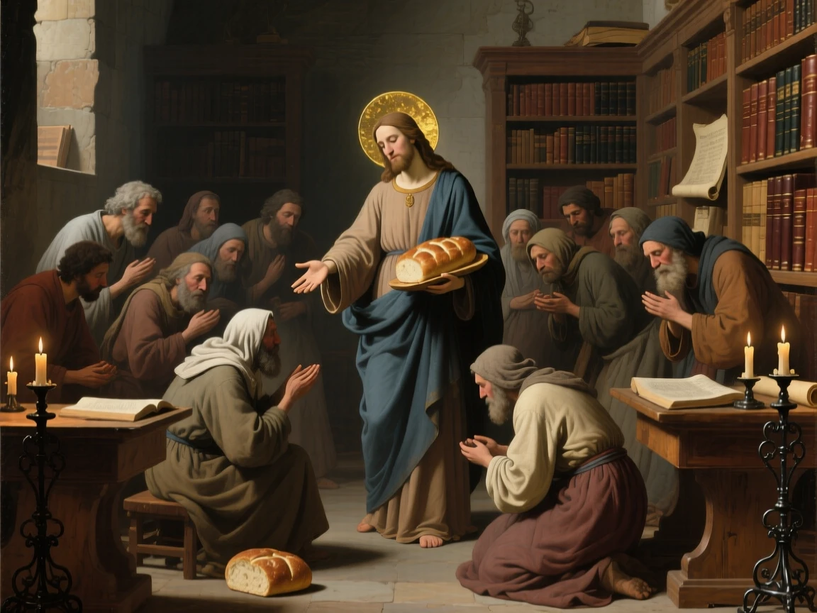 A saint offering bread to a gathering of the poor and hungry in a moment of profound spiritual clarity, set within an ancient library devoted to timeless questions, with candles flickering steadily despite an unseen breeze; quiet, uncluttered space allows the emotional core room to breathe, suggesting the enduring comfort of belief and community.