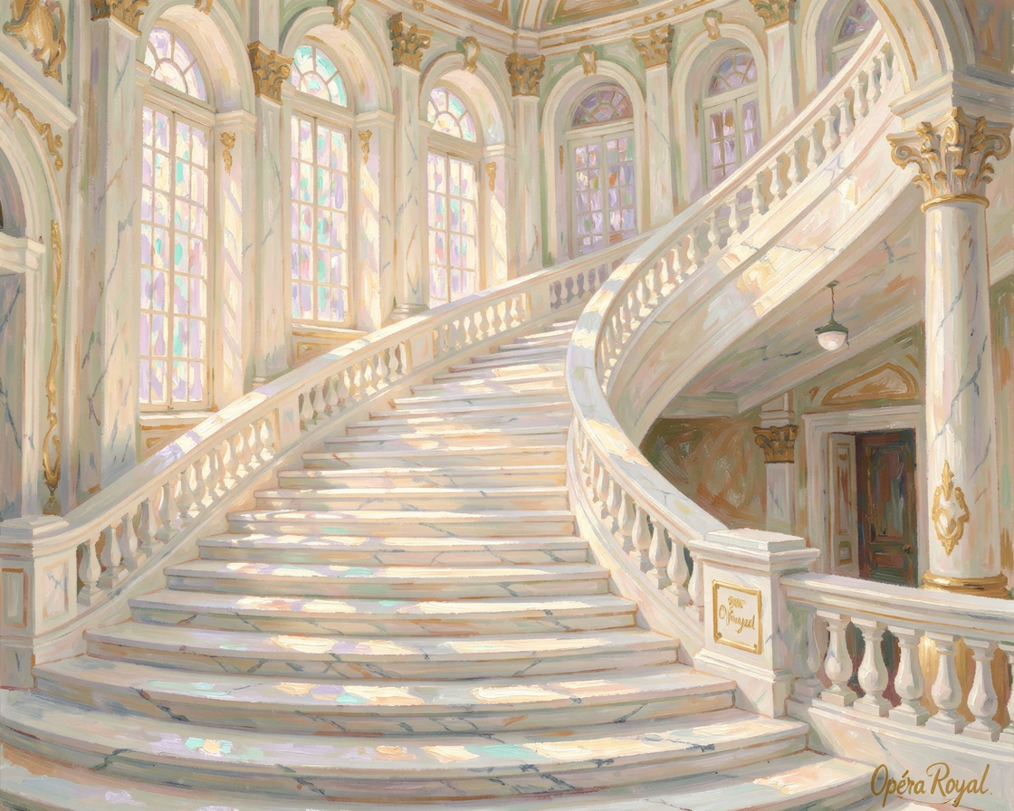 A grand marble staircase spiraling upward inside a sunlit European opera house, filled with warmth and nostalgia.