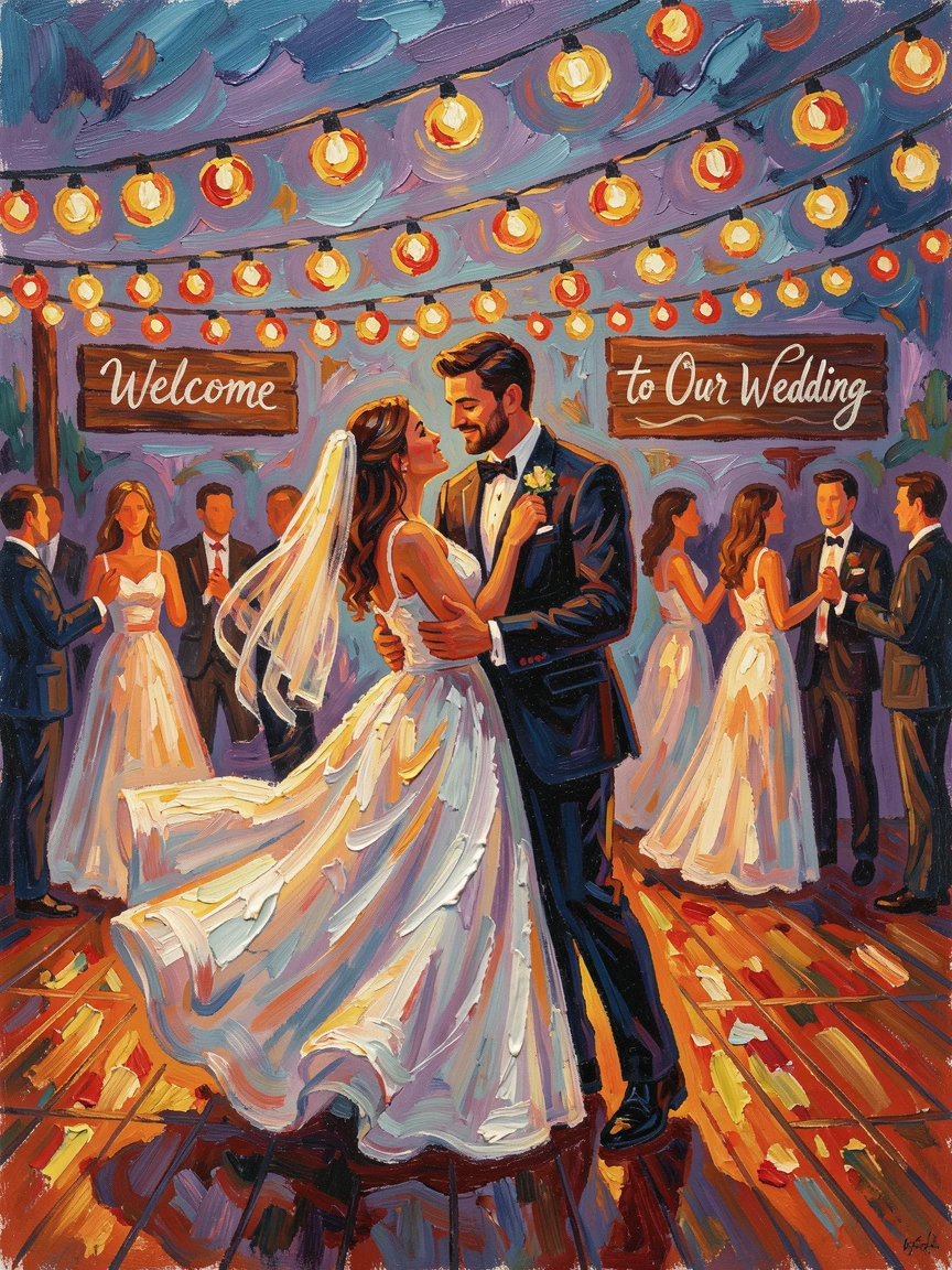 A newly married couple sharing their first dance beneath a canopy of fairy lights.