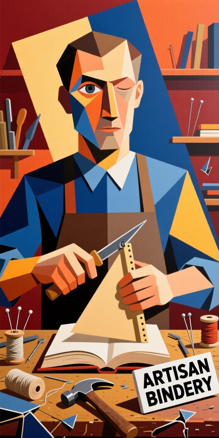 A medium shot portrait of a bookbinder surrounded by the tools of the trade, focused and content in the craft.