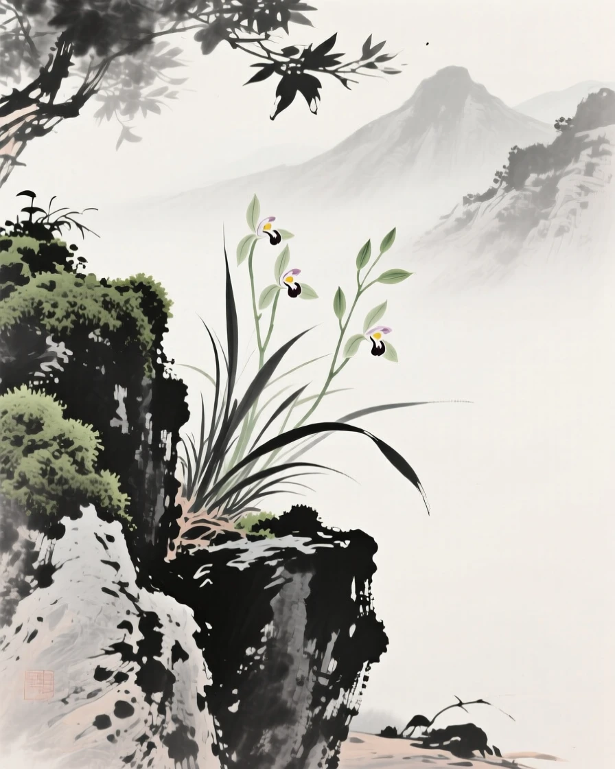 A cluster of wild orchids grows from a crevice in a mossy rock, with distant peaks barely visible through the canopy.