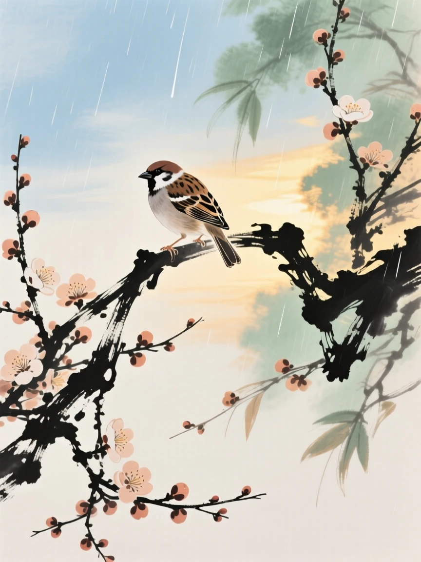 A small sparrow perched on a blossoming plum branch, brimming with peaceful contentment, in the last golden light of day, in a gentle drizzle.