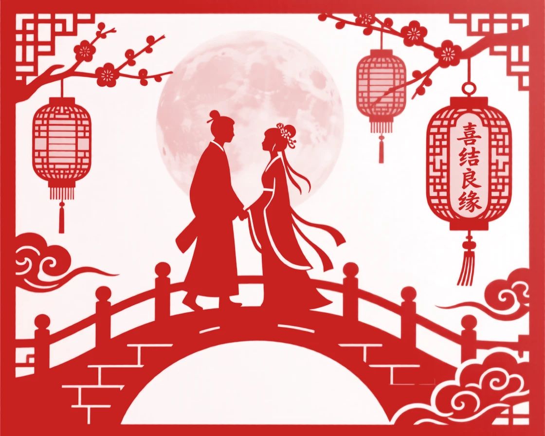 A betrothed couple walking hand in hand along a lantern-lit bridge, the full moon rising softly behind them.