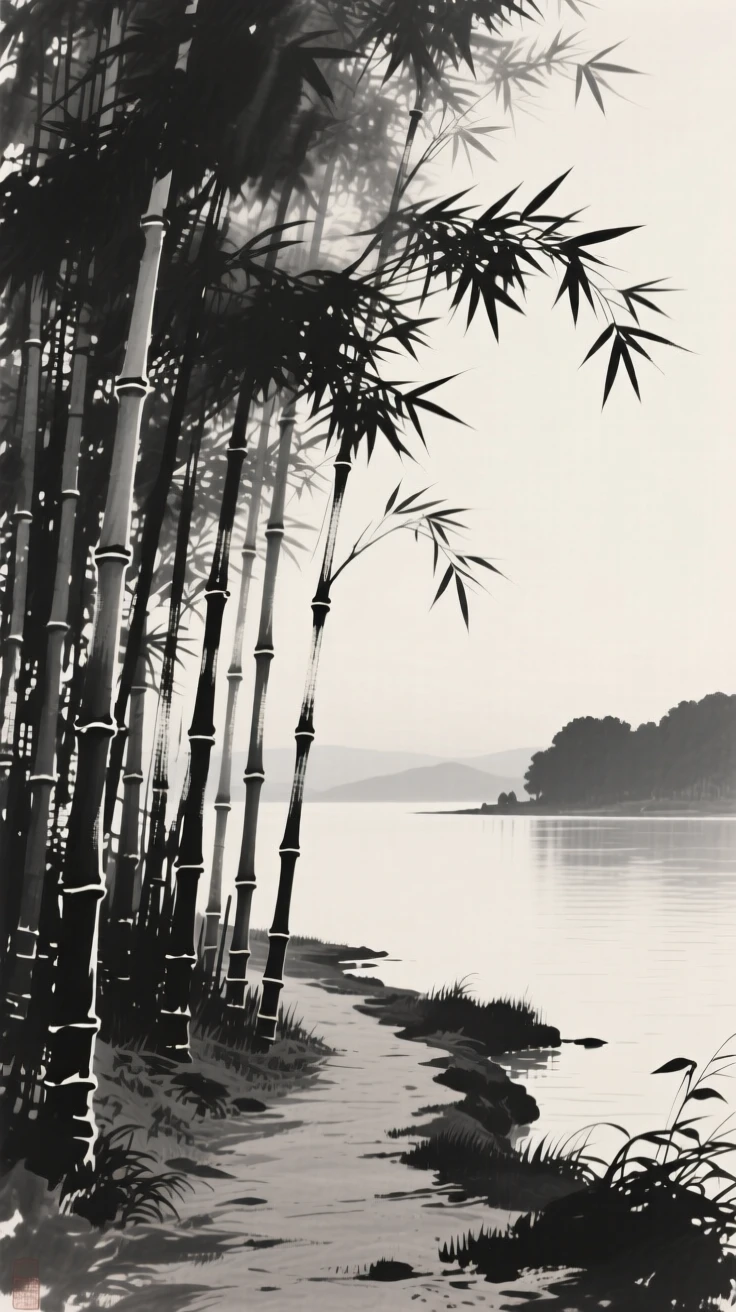 A dense bamboo grove swaying beside a narrow footpath in the stillness just before sunrise, seen from across the water, the far shore reduced to soft silhouette, conveying calm reflection and gentle isolation.