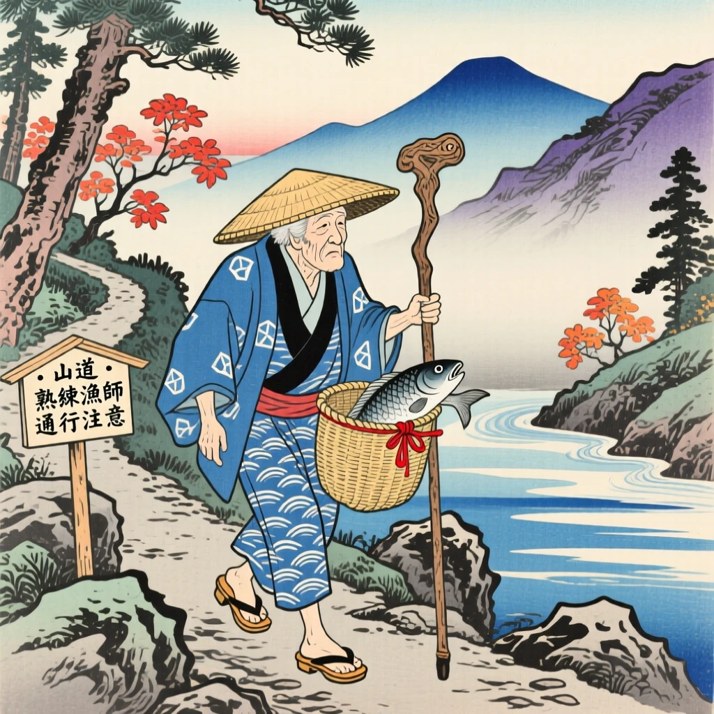 An elderly fisherman walking a mountain path with a wooden staff.