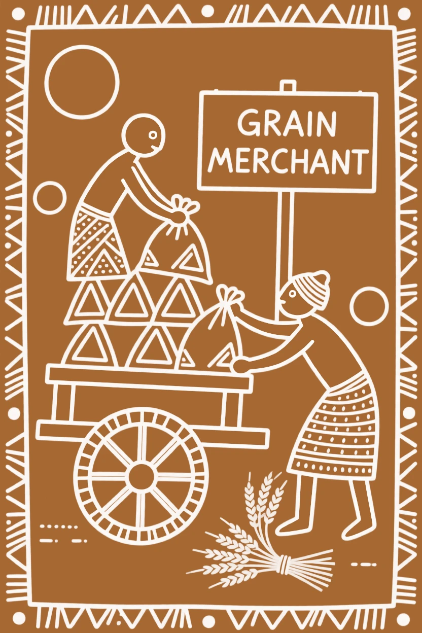 A grain merchant loading a cart with the day's goods.