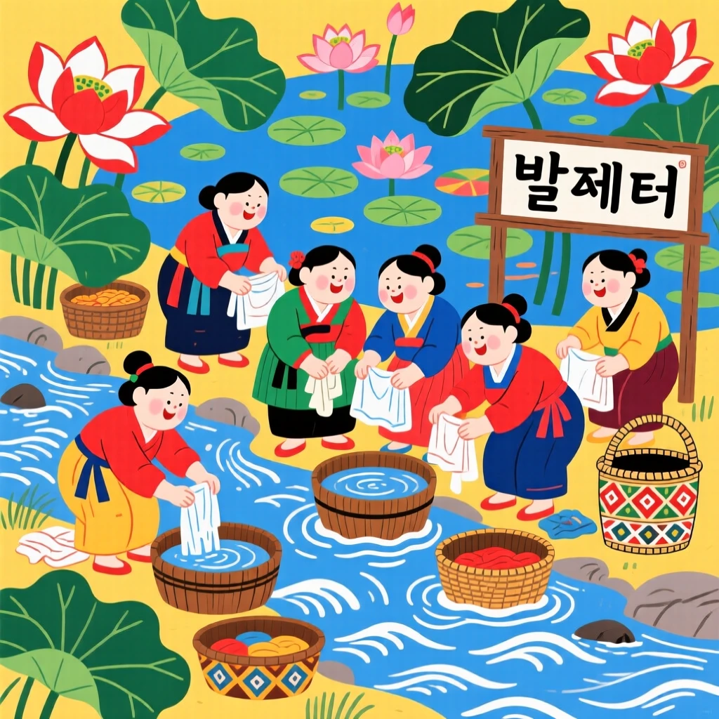 A group of women washing clothes at a stream, at the edge of a lotus pond.