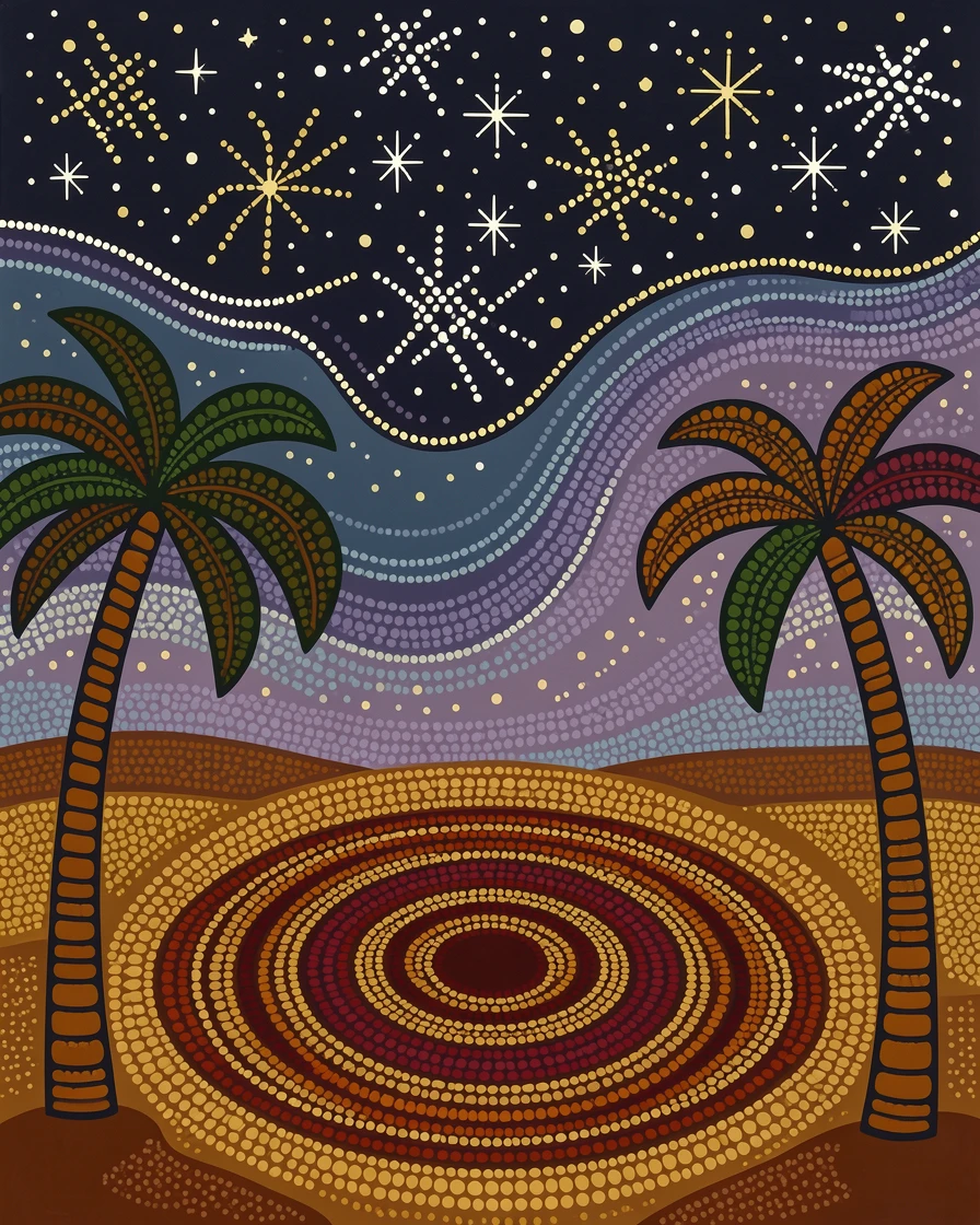 A palm-fringed desert oasis beneath a starry night sky