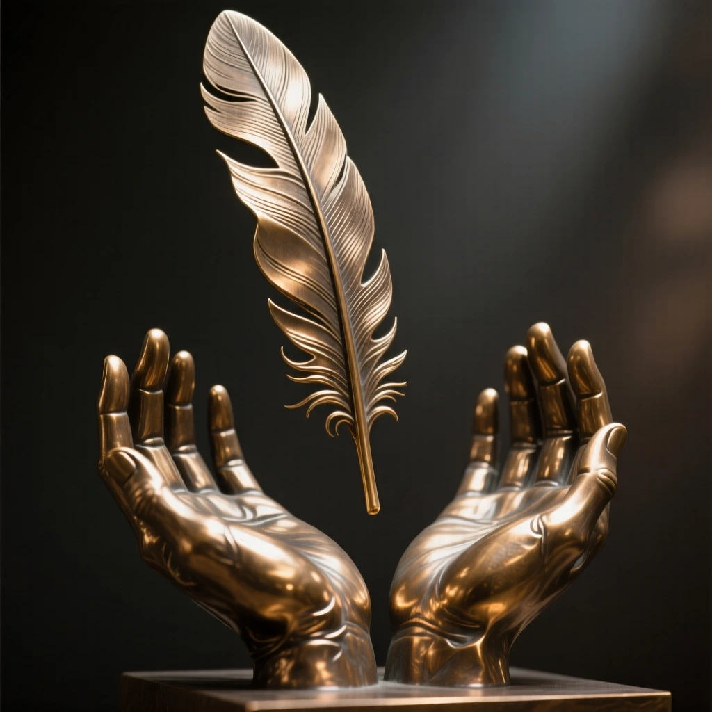 A single feather drifting from a great height into open hands, symbolizing fate, composed with striking clarity and a strong central focal point, evoking deep emotional resonance