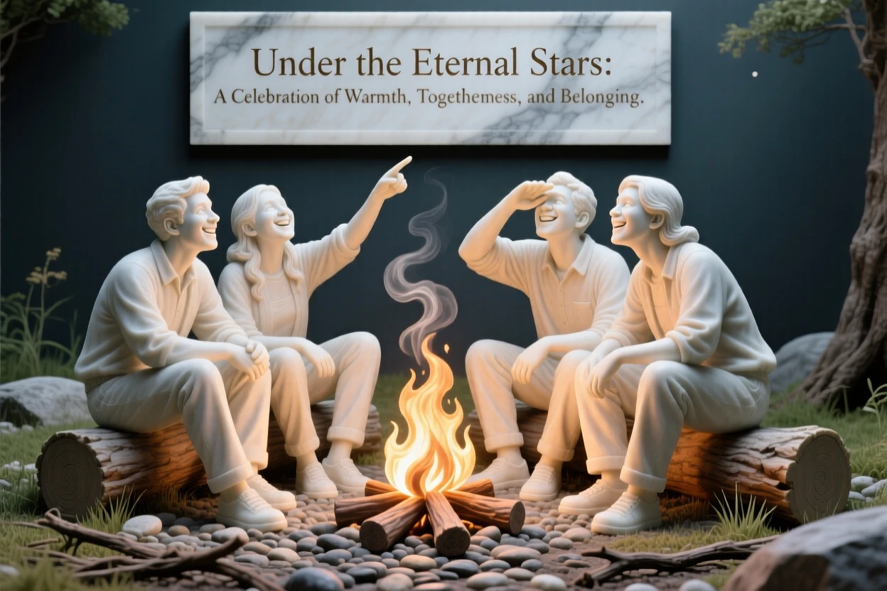 A joyful scene of friends stargazing around a campfire, capturing warmth, togetherness, and belonging