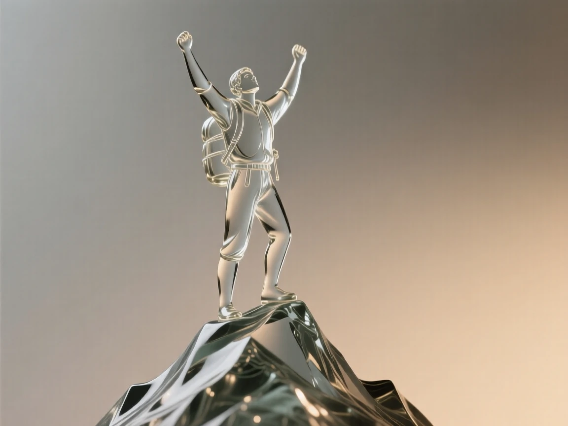 A traveler standing atop a mountain summit, arms raised framed in a close, intimate composition, soft rim light outlining the silhouette, evoking warmth and connection.