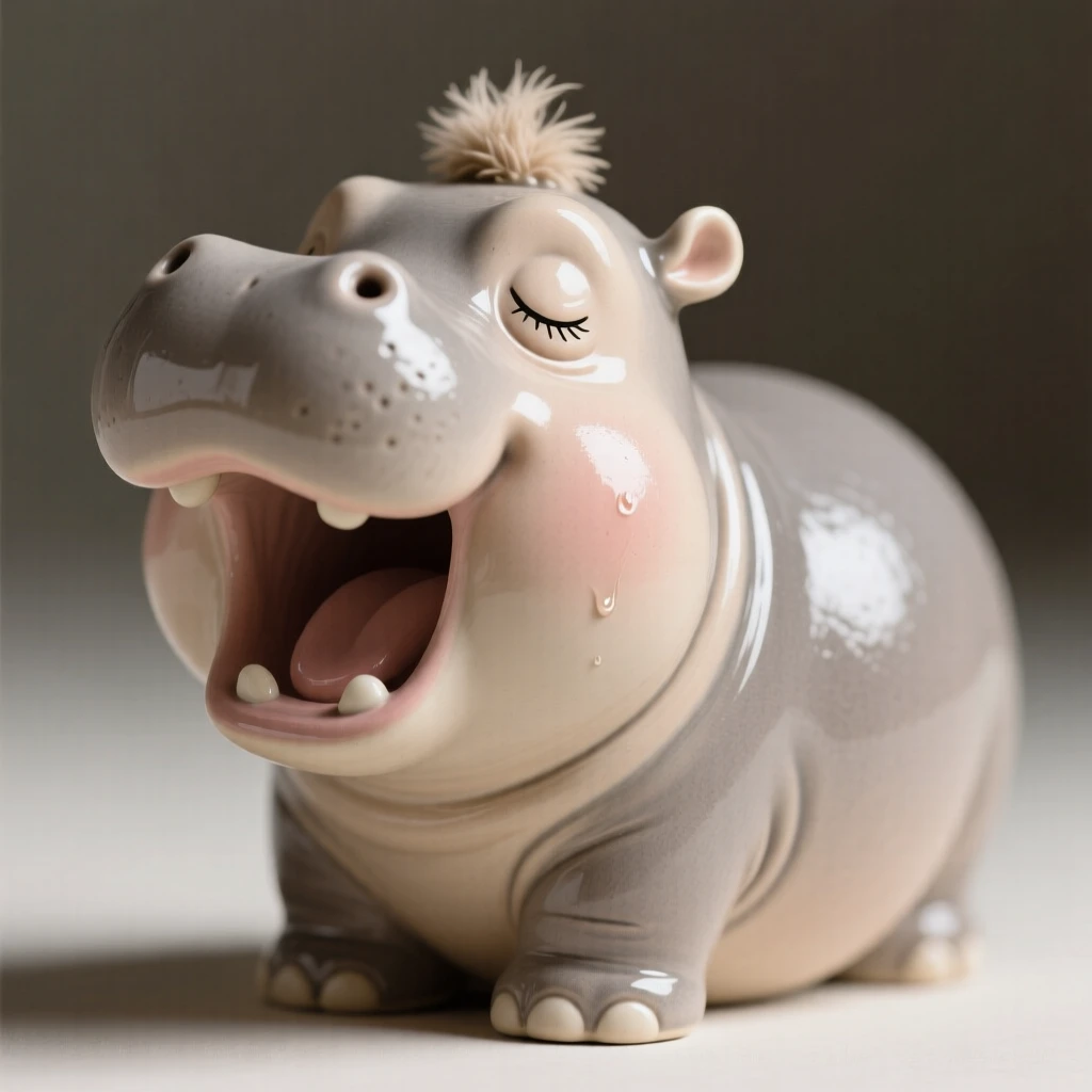 A chubby-cheeked baby hippo yawning wide captured mid-yawn in a sleepy, sweet moment, with a small, endearing tuft of fluff, capturing a moment of pure childlike delight.