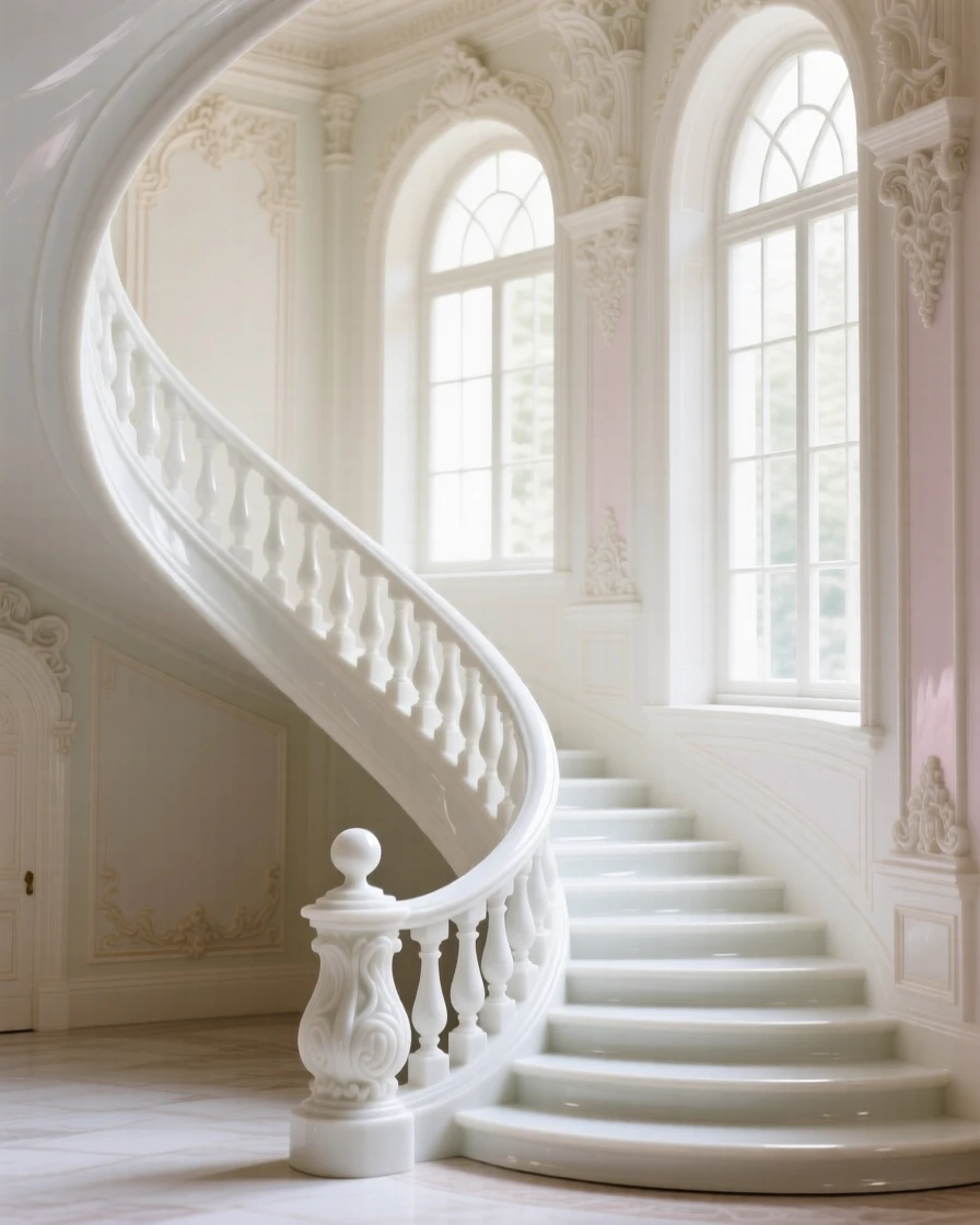 The ornate interior of a palace's grand staircase, tall arched windows filling the space with light.