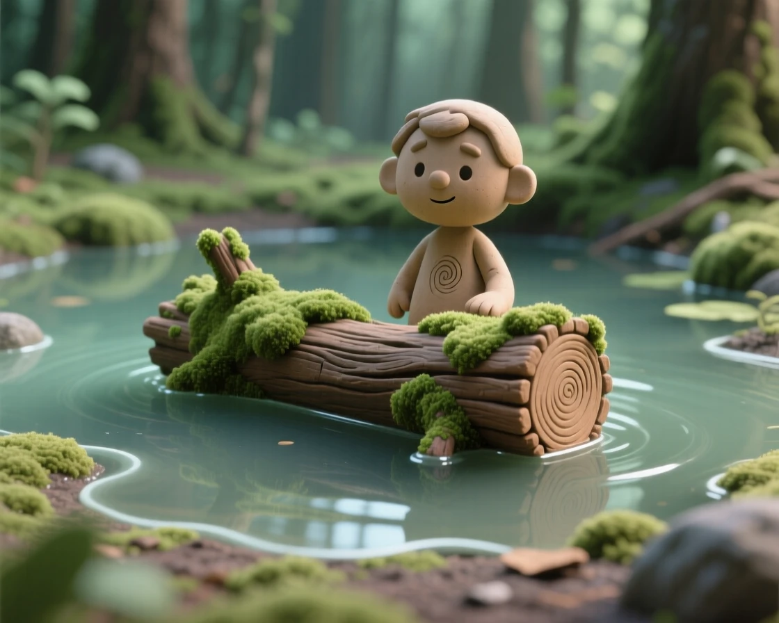 A quiet forest pond with a single fallen log covered in moss