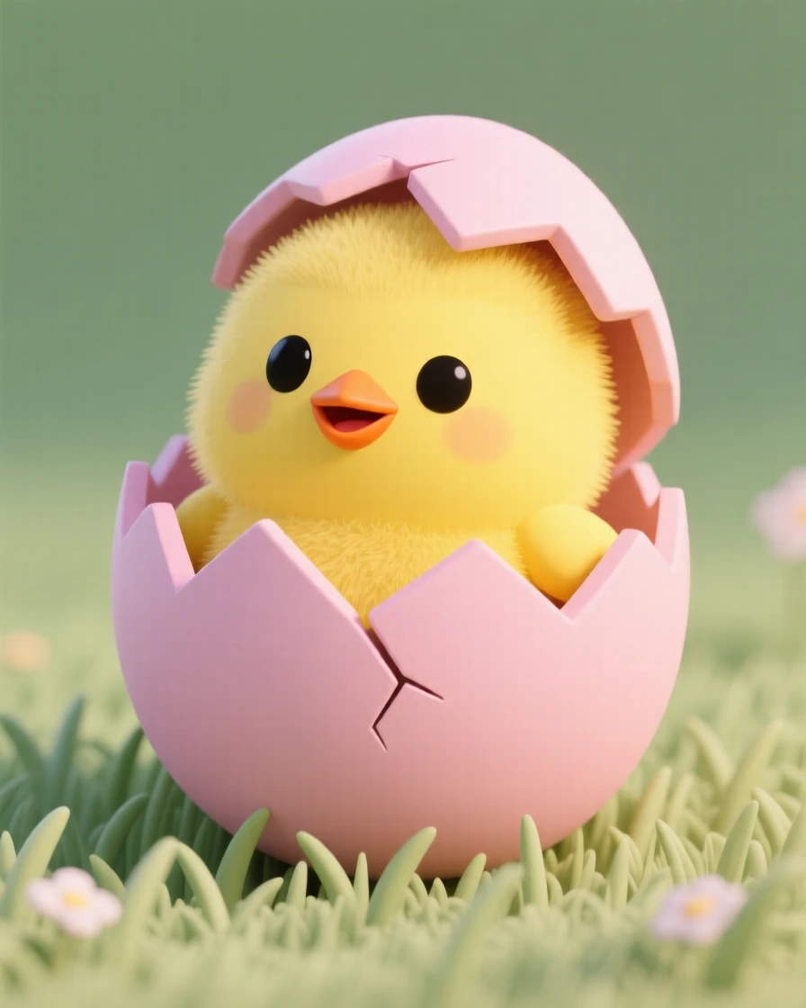A cheerful Easter chick pokes its fuzzy yellow head out of a cracked pastel eggshell in soft spring grass.