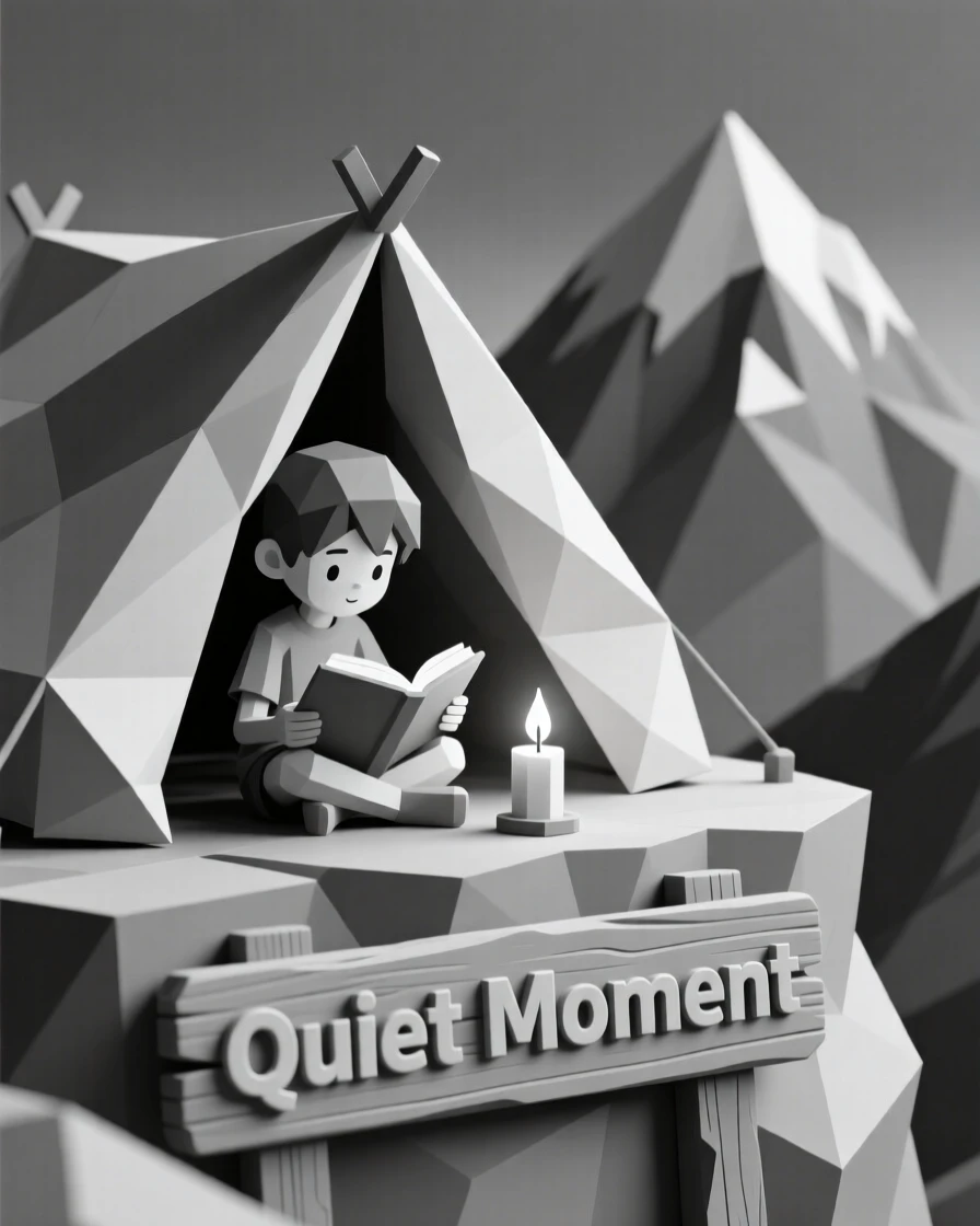 A child reading by candlelight under a blanket fort, atop a mountain overlook. the framing emphasizes motion and energy. The atmosphere feels calm and reflective.