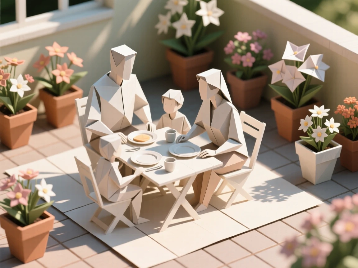 A family enjoying breakfast on a sunlit patio surrounded by blooming potted flowers.