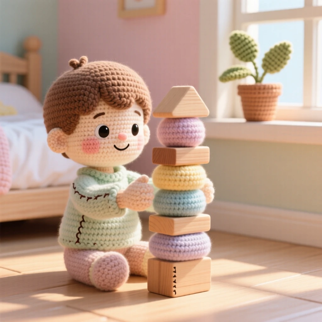 a small boy stacking wooden blocks, with a look of proud focus, building a small tower on the floor, in a sunlit bedroom with soft pastel walls, with a small potted plant on the windowsill nearby, radiating a peaceful sense of home and belonging.