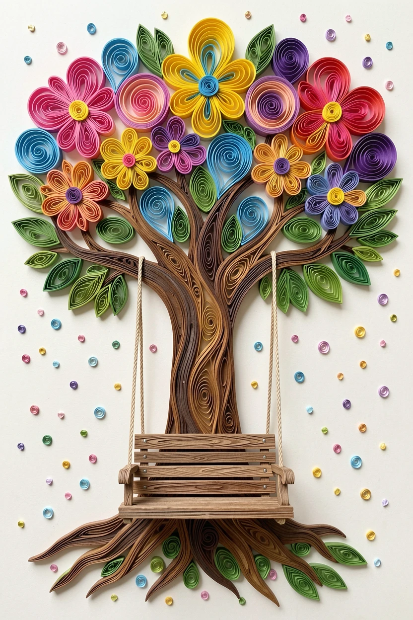 a garden swing hanging from a big friendly tree, beneath a canopy of oversized flowers, arranged with bright cheerful symmetry, with confetti-like sparkles throughout the scene.