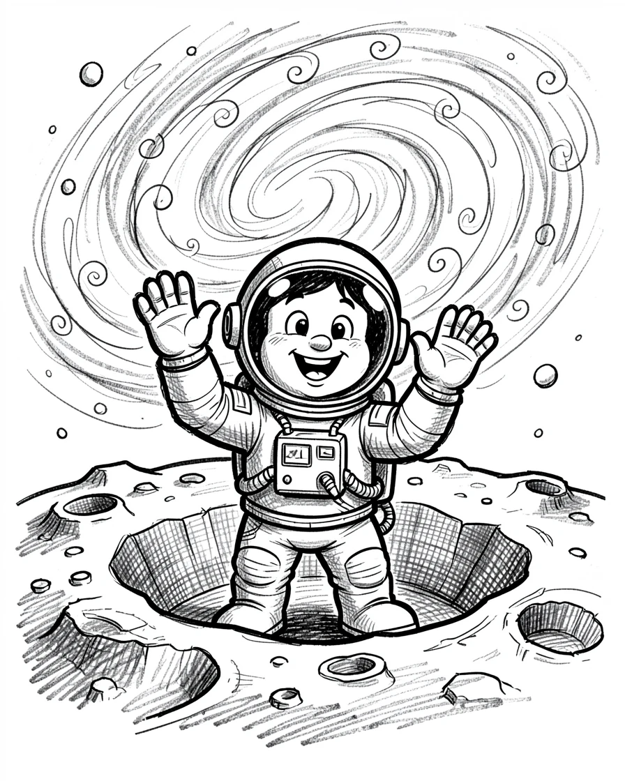 A friendly astronaut waving from a moon crater near a spiraling galaxy in the distance.