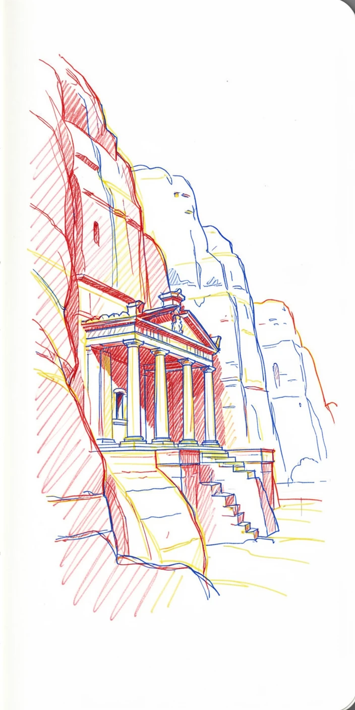 An ancient desert temple carved into a towering sandstone cliff